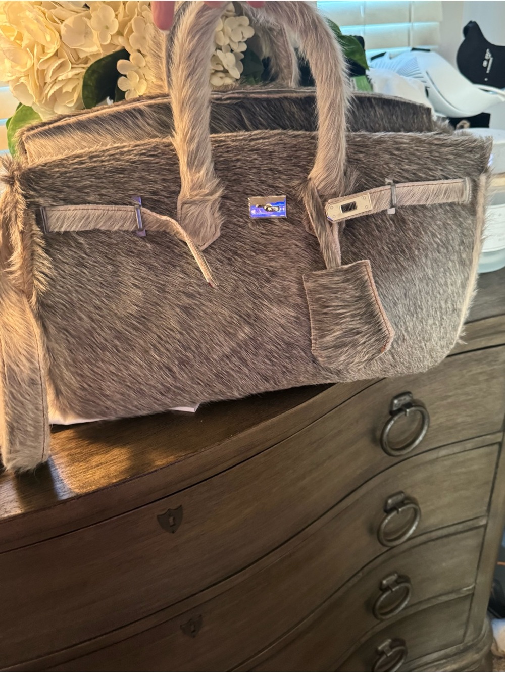 Cowhide Fur Handbag with Silver Hardware